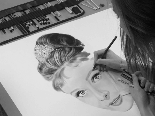 Audrey original hand-drawn illustration progress